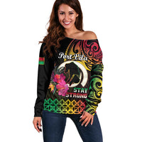 Personalised Vanuatu Port Vila Stay Strong Off Shoulder Sweater Long God Yumi Stanap LT01 Women Black - Polynesian Pride