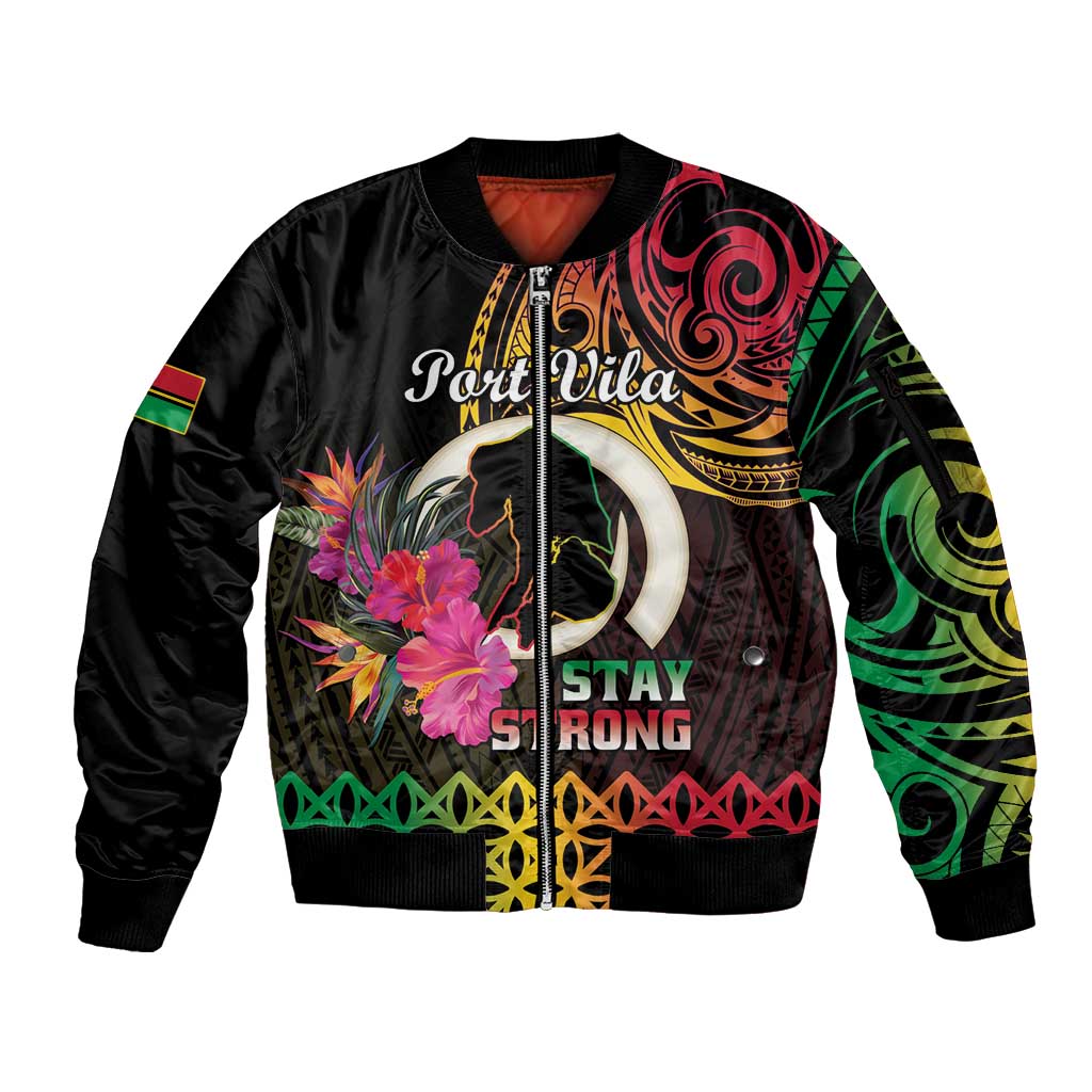 Personalised Vanuatu Port Vila Stay Strong Sleeve Zip Bomber Jacket Long God Yumi Stanap LT01 Unisex Black - Polynesian Pride