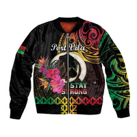 Personalised Vanuatu Port Vila Stay Strong Sleeve Zip Bomber Jacket Long God Yumi Stanap LT01 Unisex Black - Polynesian Pride