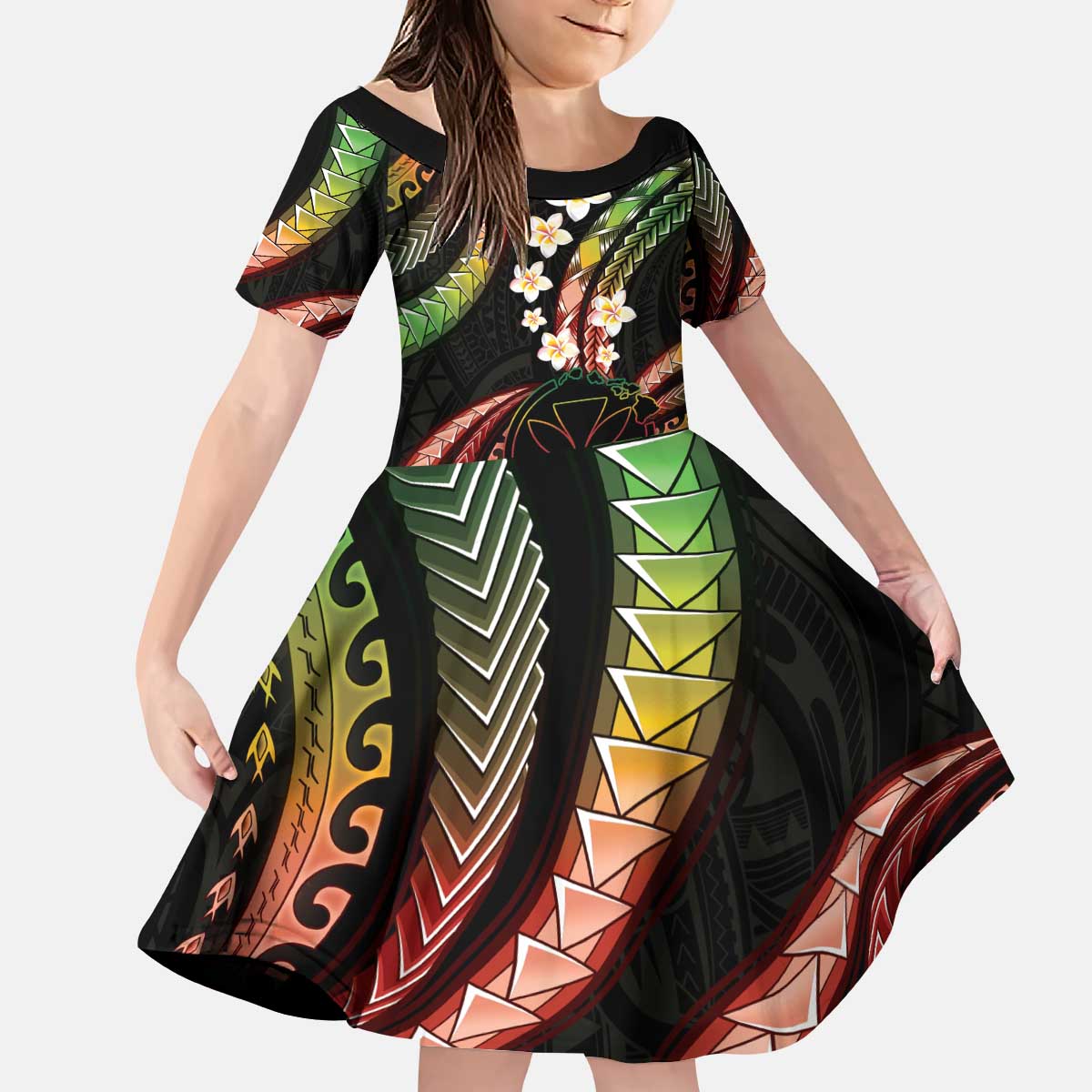 Hawaii Map Kanaka Maoli Kid Short Sleeve Dress Fantastic Frangipani Reggae LT01 KID Reggae - Polynesian Pride