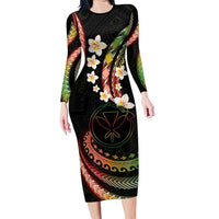 Hawaii Map Kanaka Maoli Long Sleeve Bodycon Dress Fantastic Frangipani Reggae LT01 Long Dress Reggae - Polynesian Pride