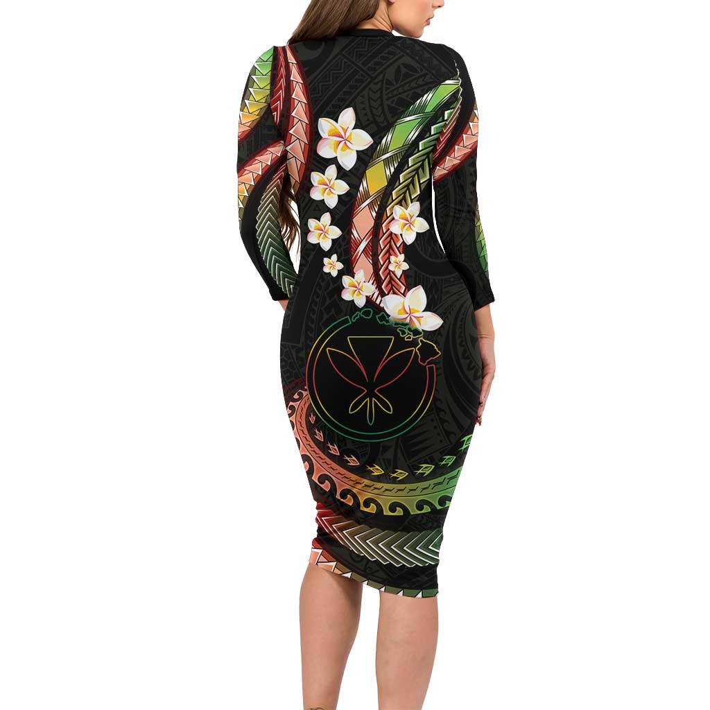 Hawaii Map Kanaka Maoli Long Sleeve Bodycon Dress Fantastic Frangipani Reggae LT01 - Polynesian Pride