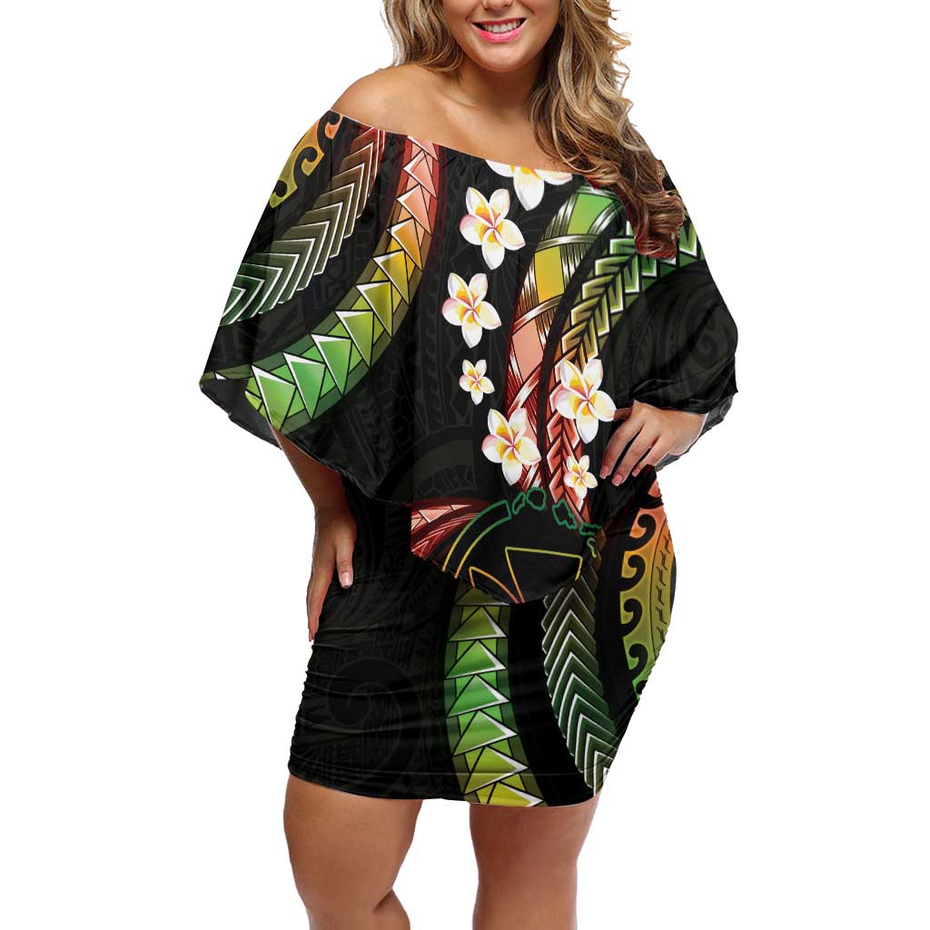 Hawaii Map Kanaka Maoli Off Shoulder Short Dress Fantastic Frangipani Reggae LT01 Women Reggae - Polynesian Pride