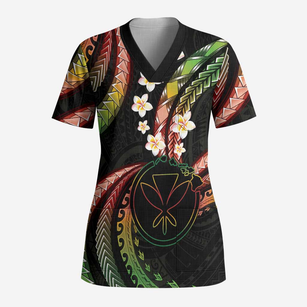 Hawaii Map Kanaka Maoli Scrub Top Fantastic Frangipani Reggae LT01 Adult Reggae - Polynesian Pride