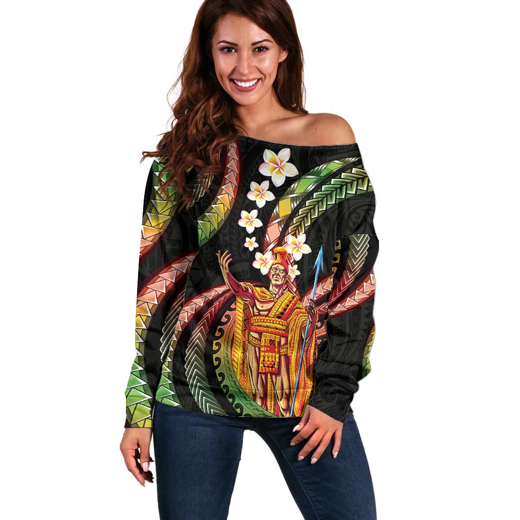 Hawaii King Kamehameha Off Shoulder Sweater Fantastic Plumeria Reggae LT01 Women Reggae - Polynesian Pride