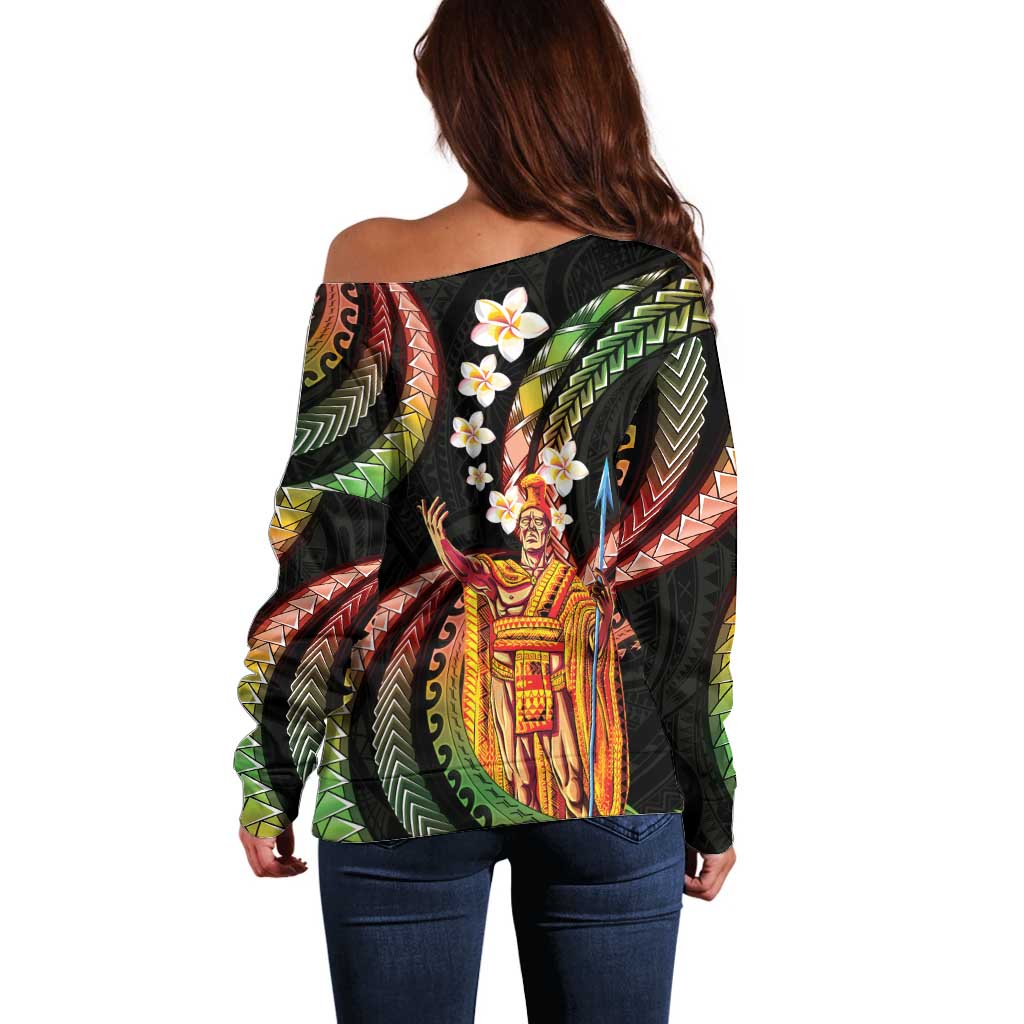 Hawaii King Kamehameha Off Shoulder Sweater Fantastic Plumeria Reggae LT01 - Polynesian Pride