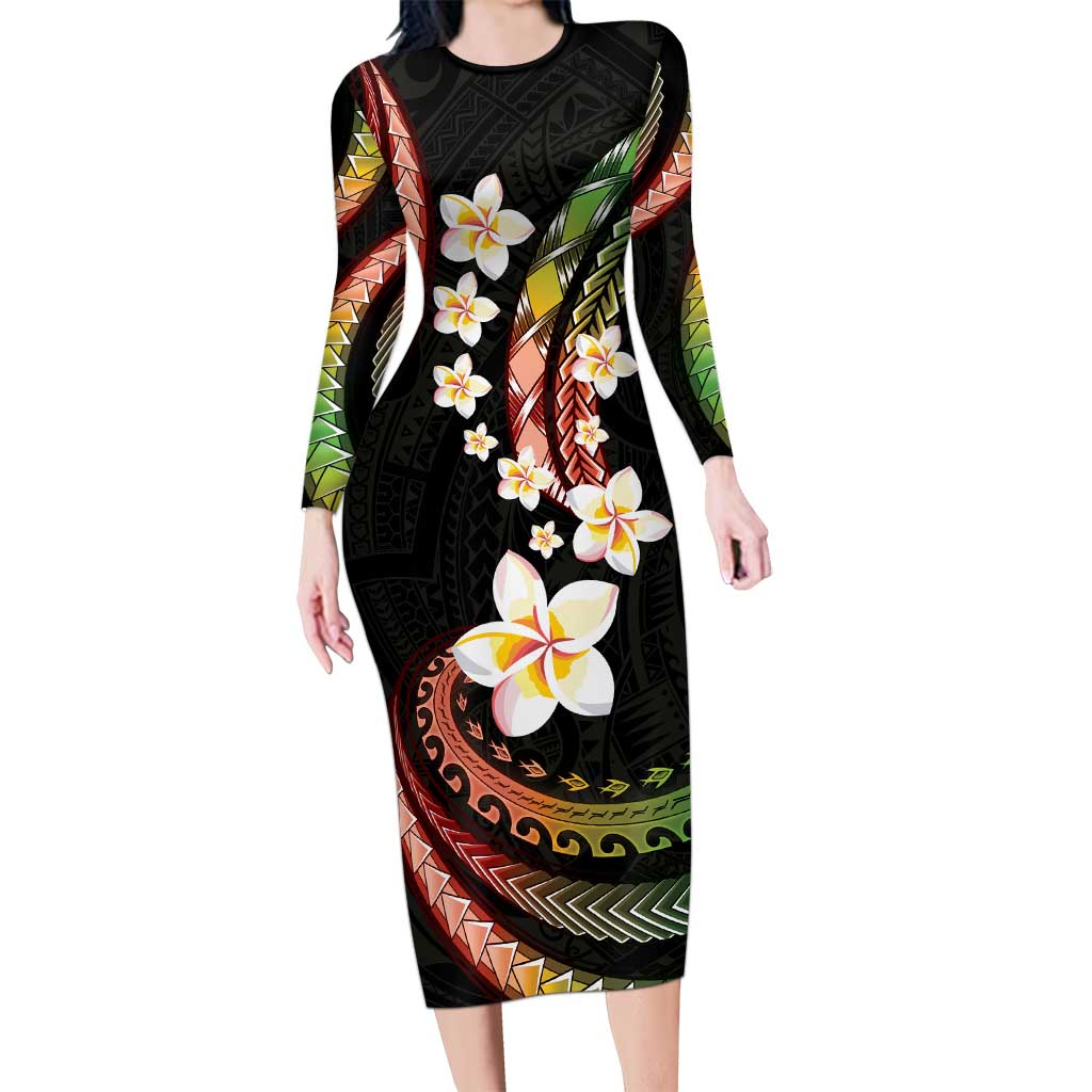 Hawaii Plumeria Reggae Long Sleeve Bodycon Dress Polynesian Pattern LT01 Long Dress Reggae - Polynesian Pride