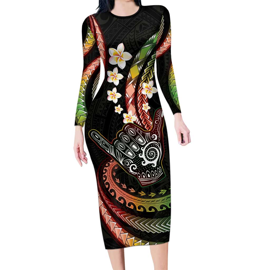 Hawaii Shaka Sign Long Sleeve Bodycon Dress Fantastic Frangipani Reggae LT01 Long Dress Reggae - Polynesian Pride