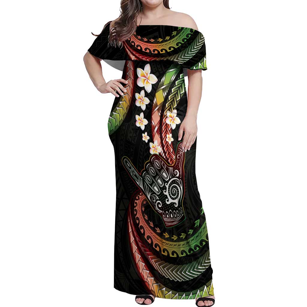 Hawaii Shaka Sign Off Shoulder Maxi Dress Fantastic Frangipani Reggae LT01 Women Reggae - Polynesian Pride