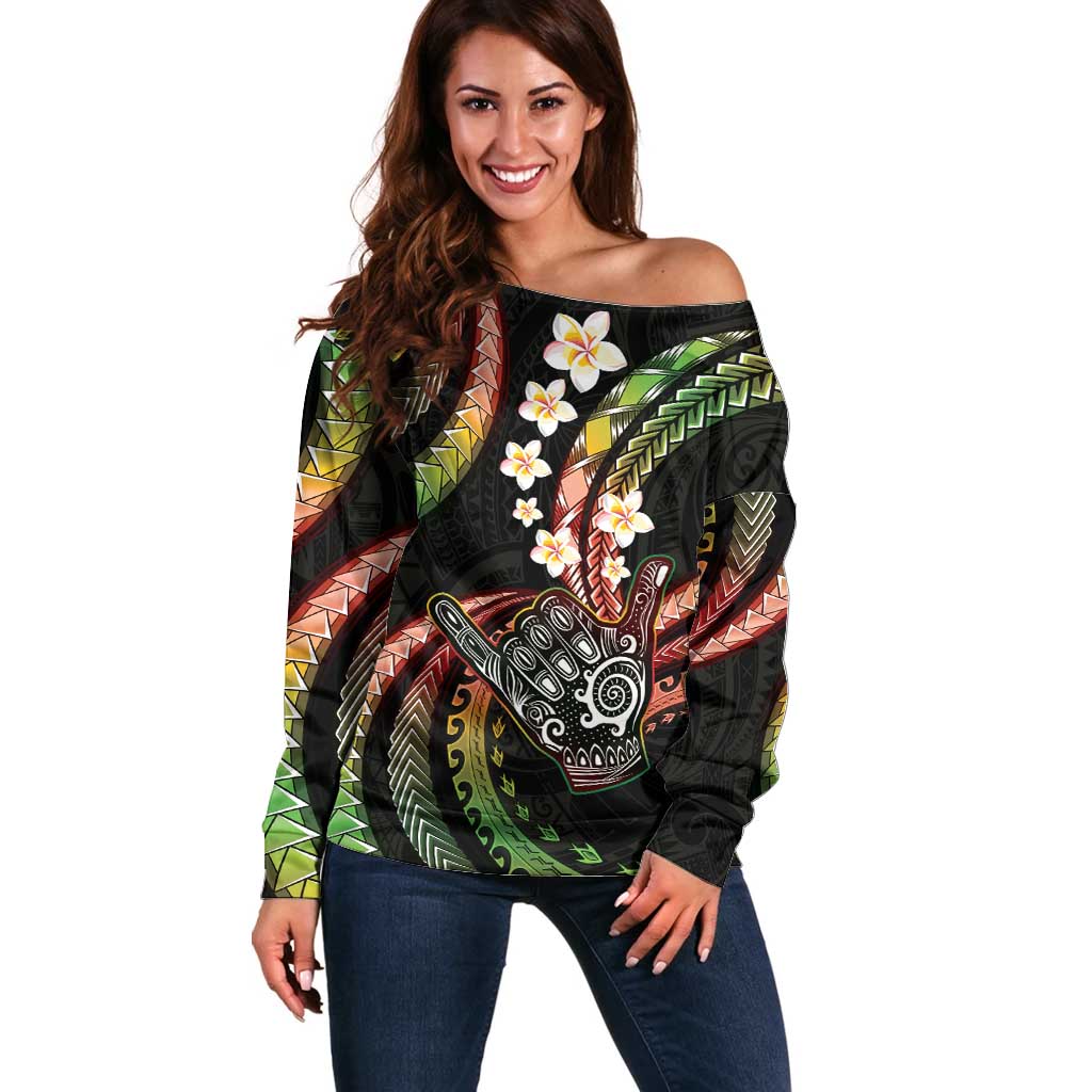 Hawaii Shaka Sign Off Shoulder Sweater Fantastic Frangipani Reggae LT01 Women Reggae - Polynesian Pride