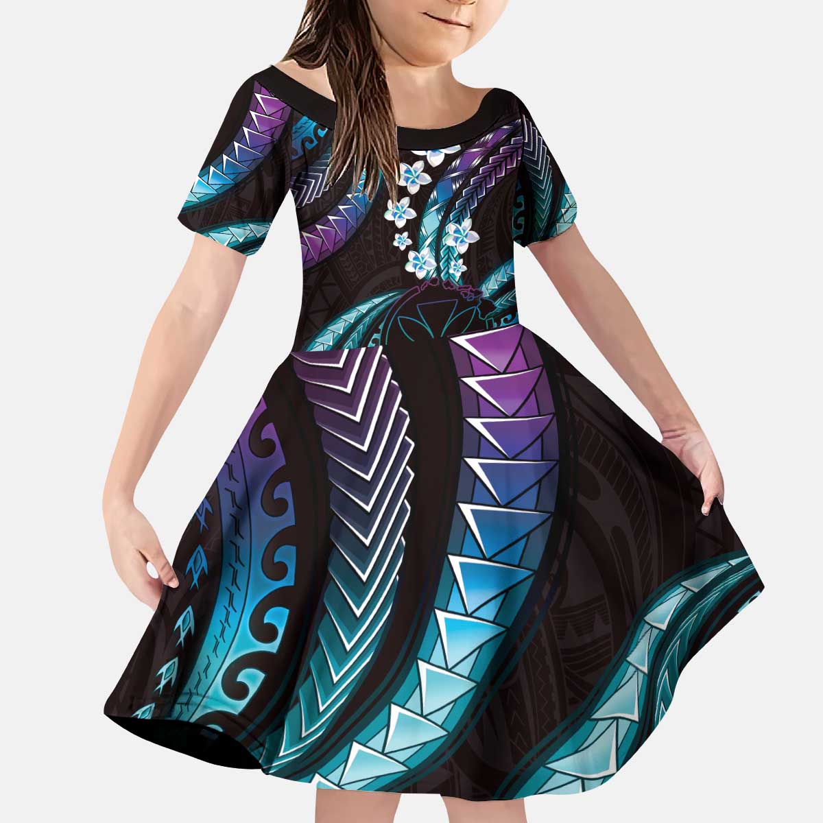 Hawaii Map Kanaka Maoli Kid Short Sleeve Dress Fantastic Frangipani Amethyst Gradient LT01 KID Purple - Polynesian Pride