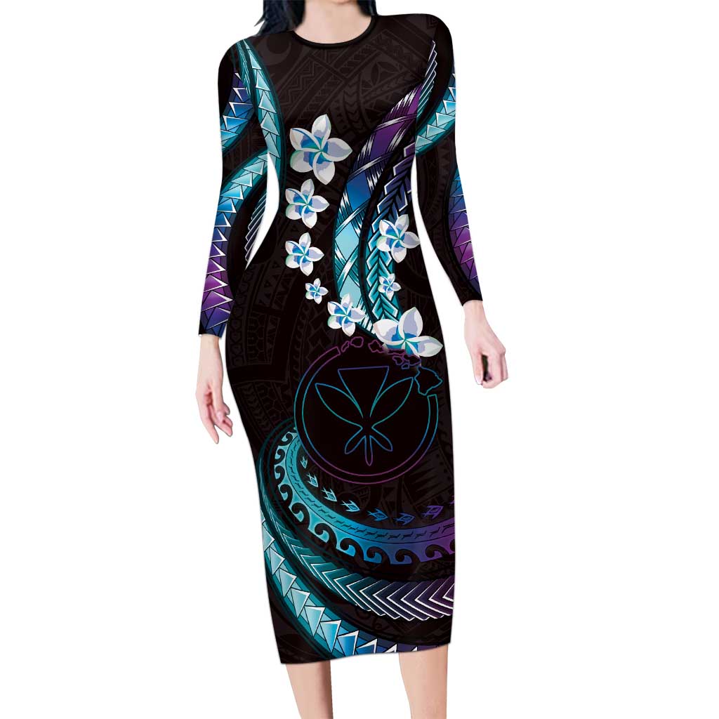 Hawaii Map Kanaka Maoli Long Sleeve Bodycon Dress Fantastic Frangipani Amethyst Gradient LT01 Long Dress Purple - Polynesian Pride