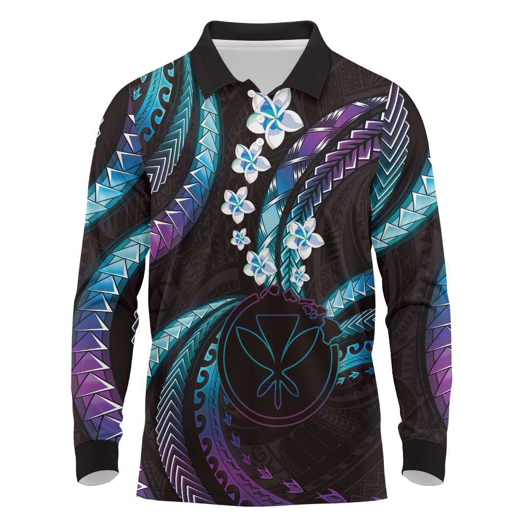 Hawaii Map Kanaka Maoli Long Sleeve Polo Shirt Fantastic Frangipani Amethyst Gradient LT01 Purple - Polynesian Pride
