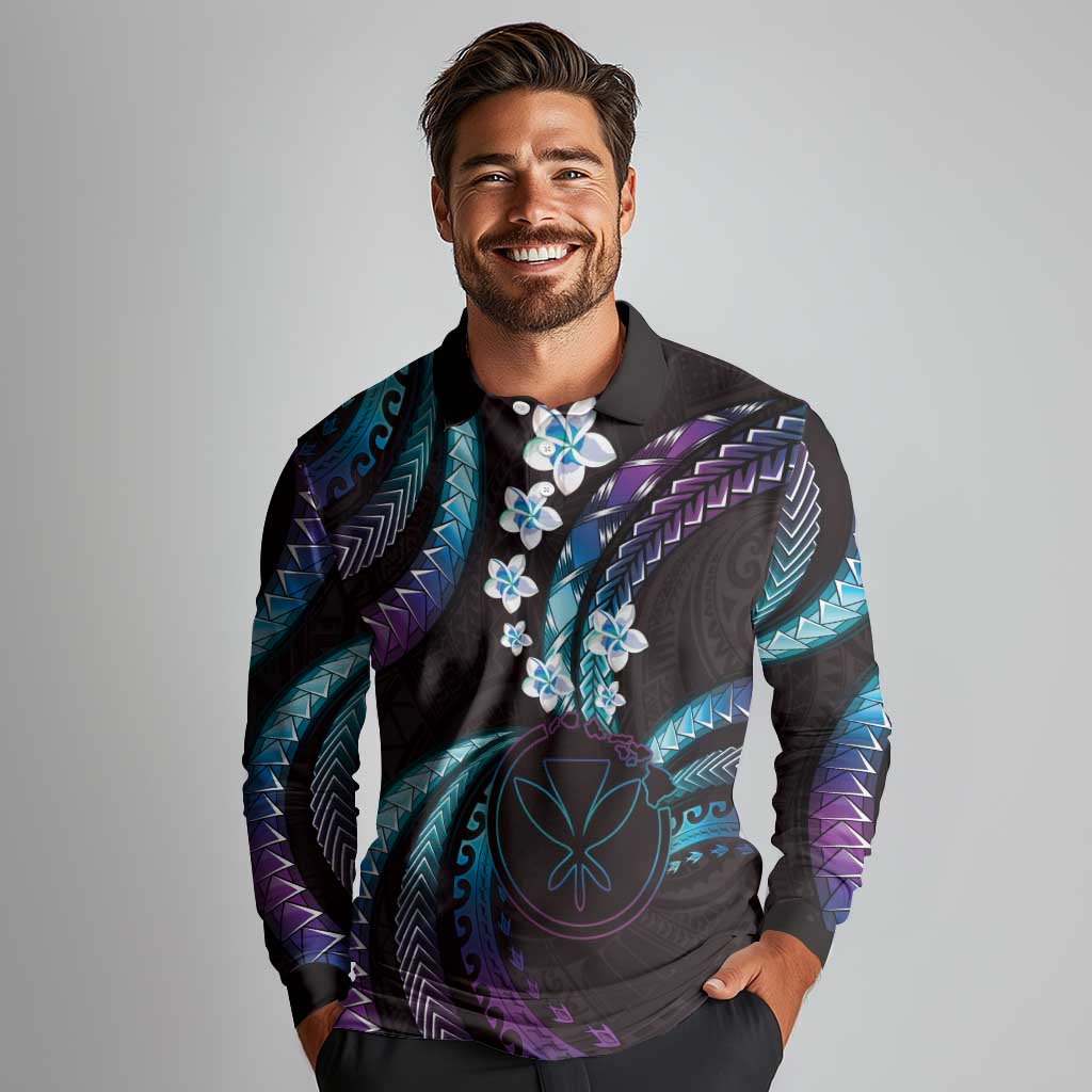 Hawaii Map Kanaka Maoli Long Sleeve Polo Shirt Fantastic Frangipani Amethyst Gradient LT01 - Polynesian Pride