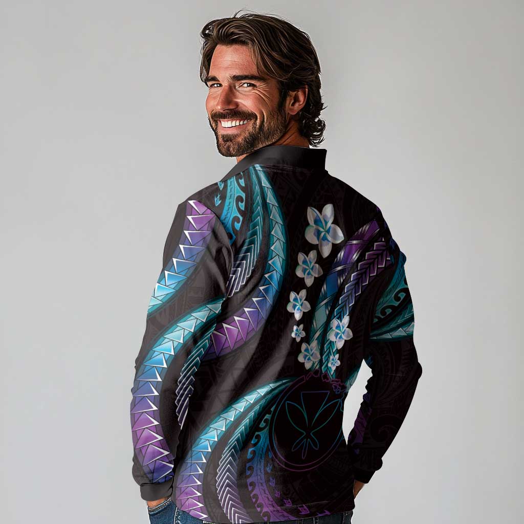 Hawaii Map Kanaka Maoli Long Sleeve Polo Shirt Fantastic Frangipani Amethyst Gradient LT01 - Polynesian Pride