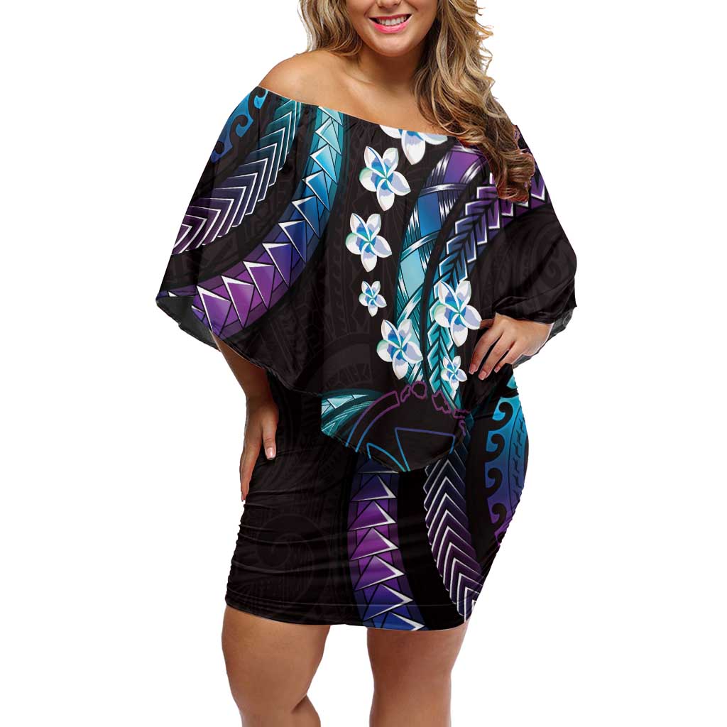Hawaii Map Kanaka Maoli Off Shoulder Short Dress Fantastic Frangipani Amethyst Gradient LT01 Women Purple - Polynesian Pride