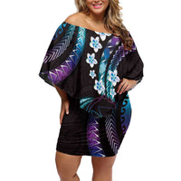 Hawaii Map Kanaka Maoli Off Shoulder Short Dress Fantastic Frangipani Amethyst Gradient LT01 Women Purple - Polynesian Pride