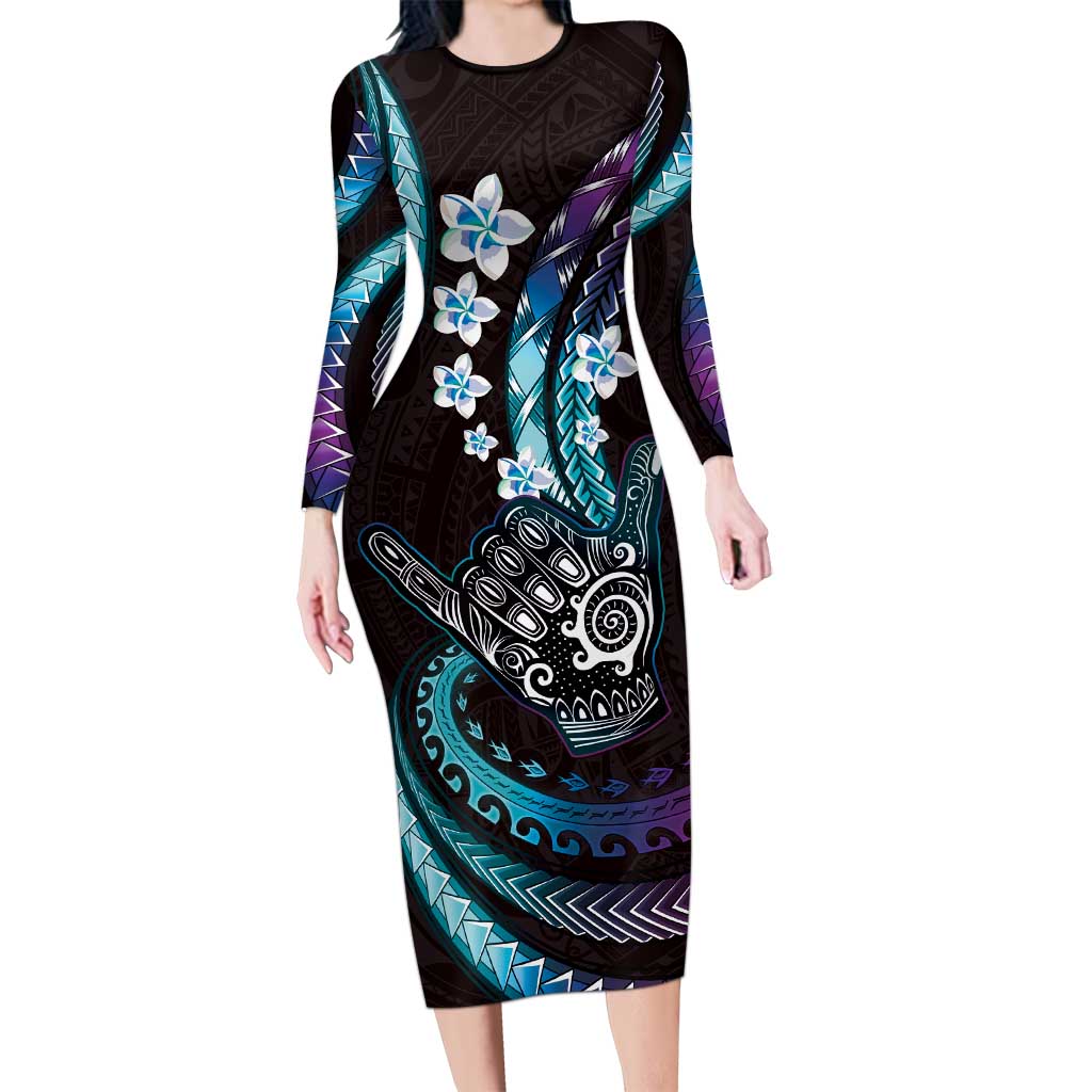 Hawaii Shaka Sign Long Sleeve Bodycon Dress Fantastic Frangipani Amethyst Gradient LT01 Long Dress Purple - Polynesian Pride