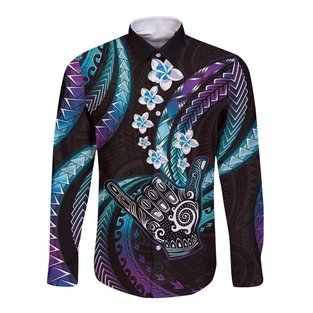 Hawaii Shaka Sign Long Sleeve Button Shirt Fantastic Frangipani Amethyst Gradient LT01 Unisex Purple - Polynesian Pride