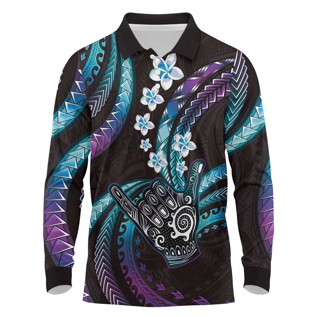 Hawaii Shaka Sign Long Sleeve Polo Shirt Fantastic Frangipani Amethyst Gradient LT01 Purple - Polynesian Pride
