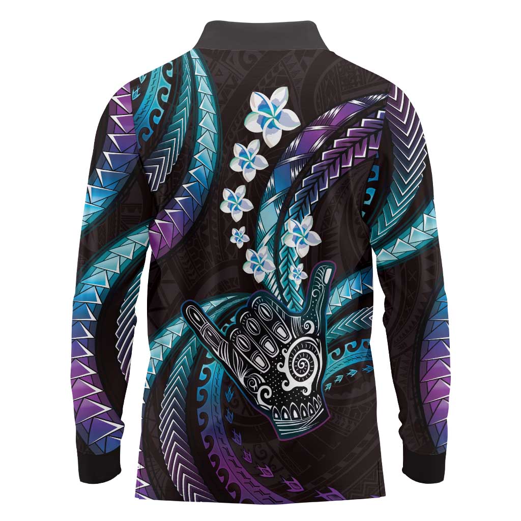 Hawaii Shaka Sign Long Sleeve Polo Shirt Fantastic Frangipani Amethyst Gradient LT01 - Polynesian Pride