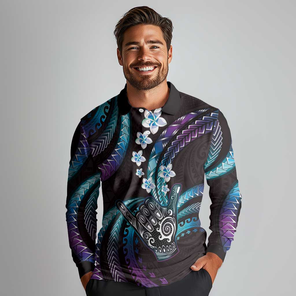 Hawaii Shaka Sign Long Sleeve Polo Shirt Fantastic Frangipani Amethyst Gradient LT01 - Polynesian Pride
