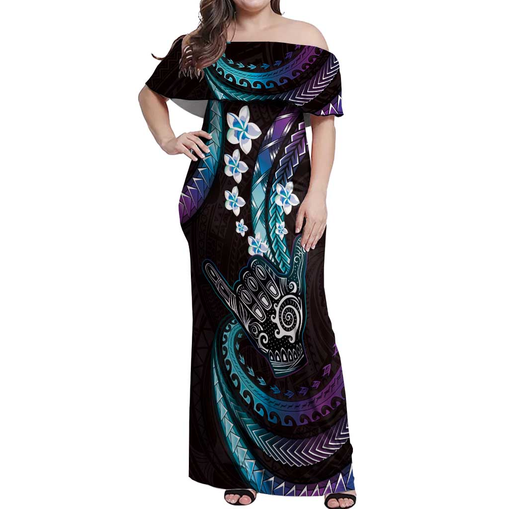 Hawaii Shaka Sign Off Shoulder Maxi Dress Fantastic Frangipani Amethyst Gradient LT01 Women Purple - Polynesian Pride