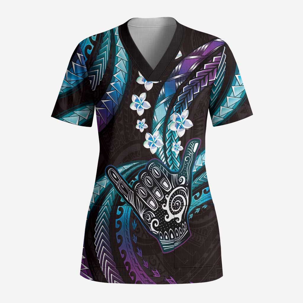 Hawaii Shaka Sign Scrub Top Fantastic Frangipani Amethyst Gradient LT01 Adult Purple - Polynesian Pride