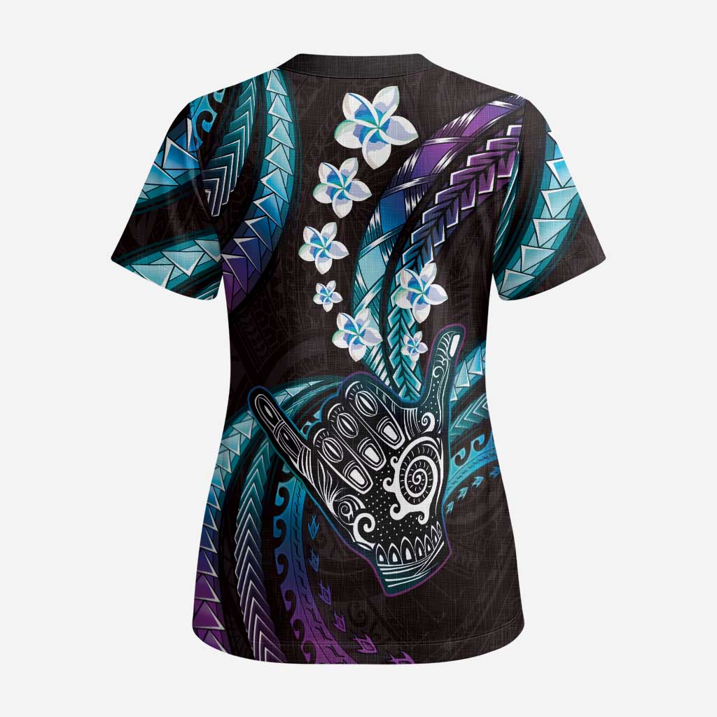 Hawaii Shaka Sign Scrub Top Fantastic Frangipani Amethyst Gradient LT01 - Polynesian Pride