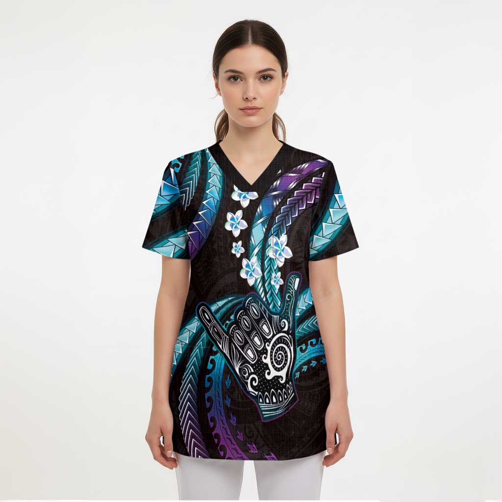Hawaii Shaka Sign Scrub Top Fantastic Frangipani Amethyst Gradient LT01 - Polynesian Pride
