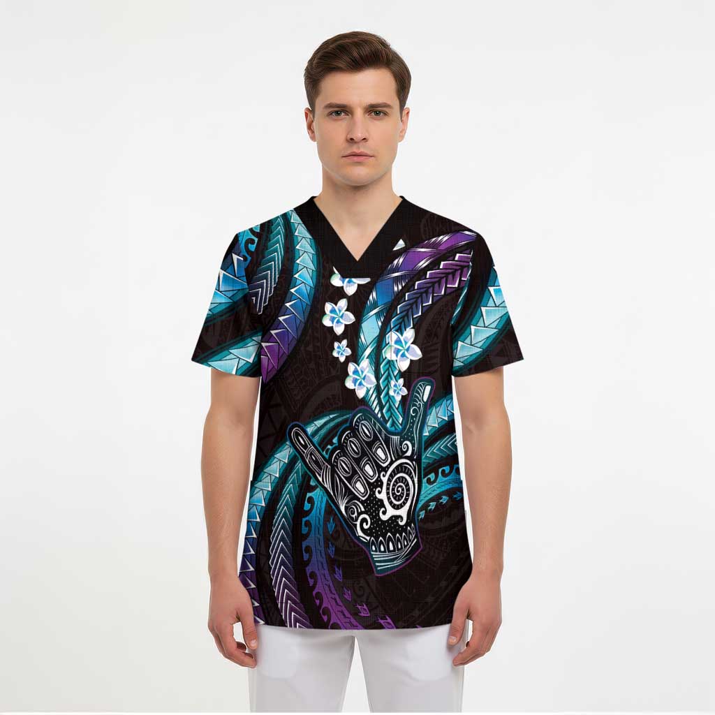 Hawaii Shaka Sign Scrub Top Fantastic Frangipani Amethyst Gradient LT01 - Polynesian Pride
