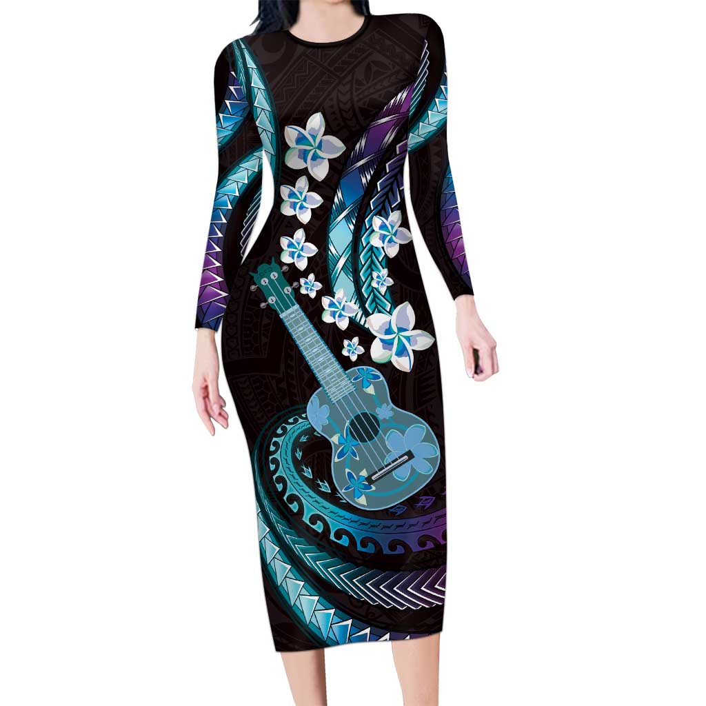 Hawaiian Ukulele Long Sleeve Bodycon Dress Amethyst Gradient Fantastic Plumeria LT01 Long Dress Purple - Polynesian Pride