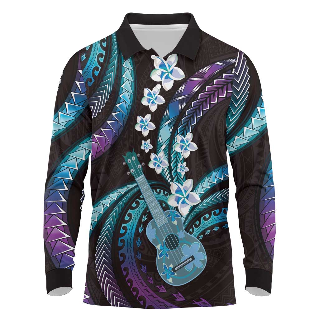 Hawaiian Ukulele Long Sleeve Polo Shirt Amethyst Gradient Fantastic Plumeria LT01 Purple - Polynesian Pride