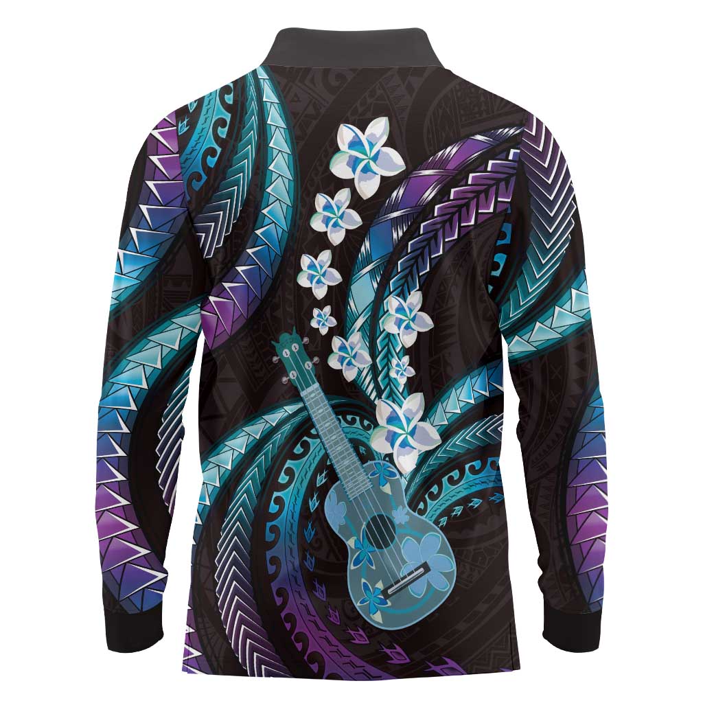 Hawaiian Ukulele Long Sleeve Polo Shirt Amethyst Gradient Fantastic Plumeria LT01 - Polynesian Pride