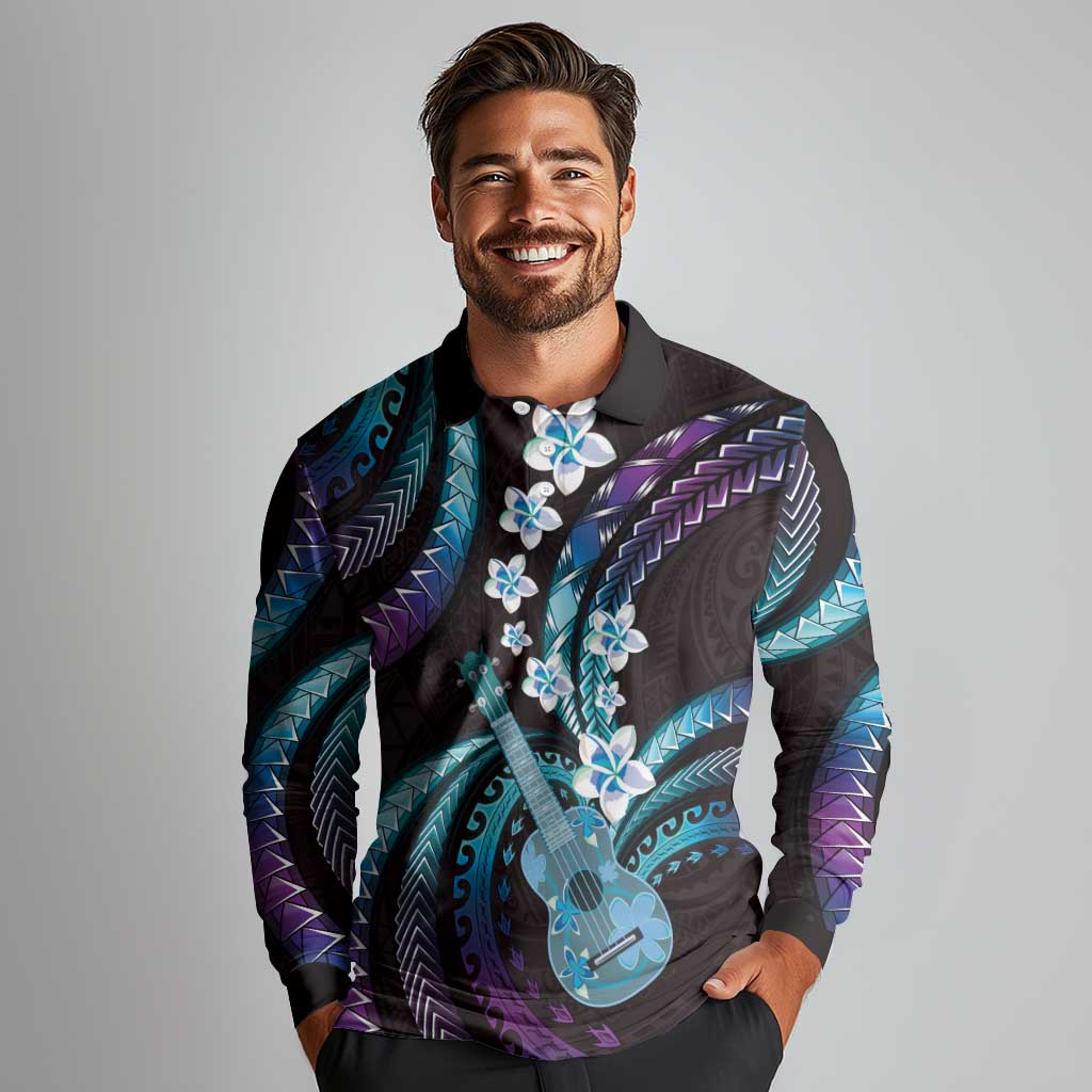 Hawaiian Ukulele Long Sleeve Polo Shirt Amethyst Gradient Fantastic Plumeria LT01 - Polynesian Pride