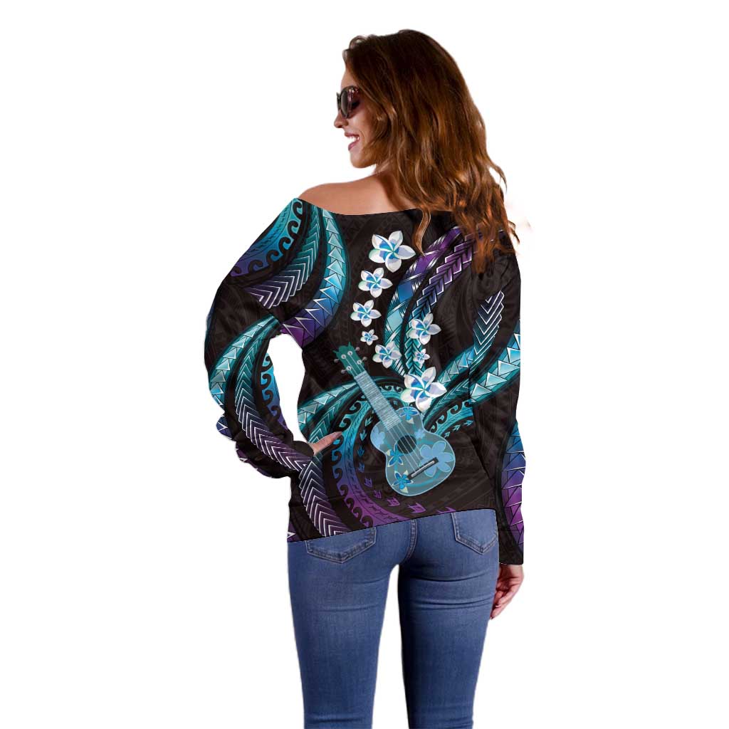 Hawaiian Ukulele Off Shoulder Sweater Amethyst Gradient Fantastic Plumeria LT01 - Polynesian Pride
