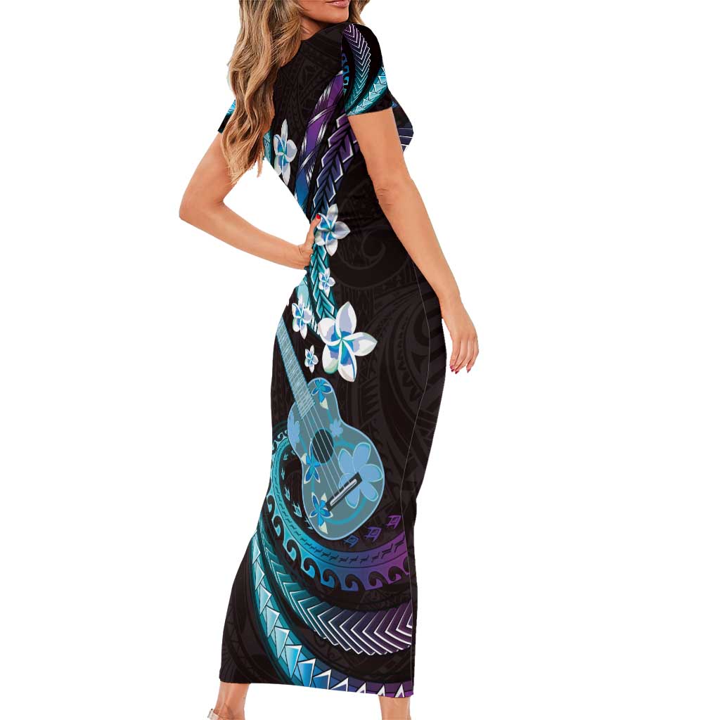Hawaiian Ukulele Short Sleeve Bodycon Dress Amethyst Gradient Fantastic Plumeria LT01 - Polynesian Pride