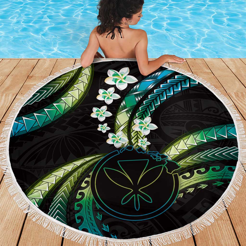 Hawaii Map Kanaka Maoli Beach Blanket Fantastic Frangipani Chartreuse Cyan LT01 - Polynesian Pride