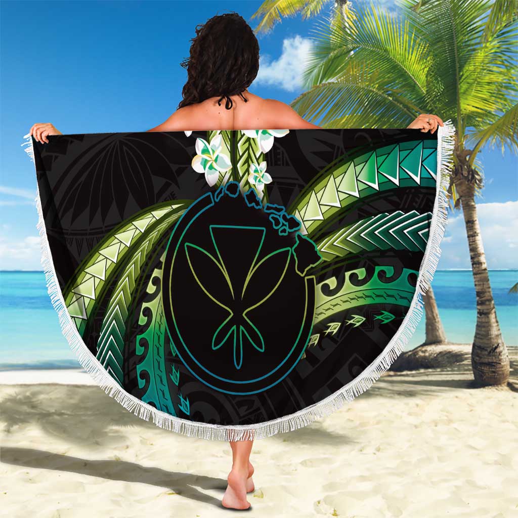 Hawaii Map Kanaka Maoli Beach Blanket Fantastic Frangipani Chartreuse Cyan LT01 - Polynesian Pride