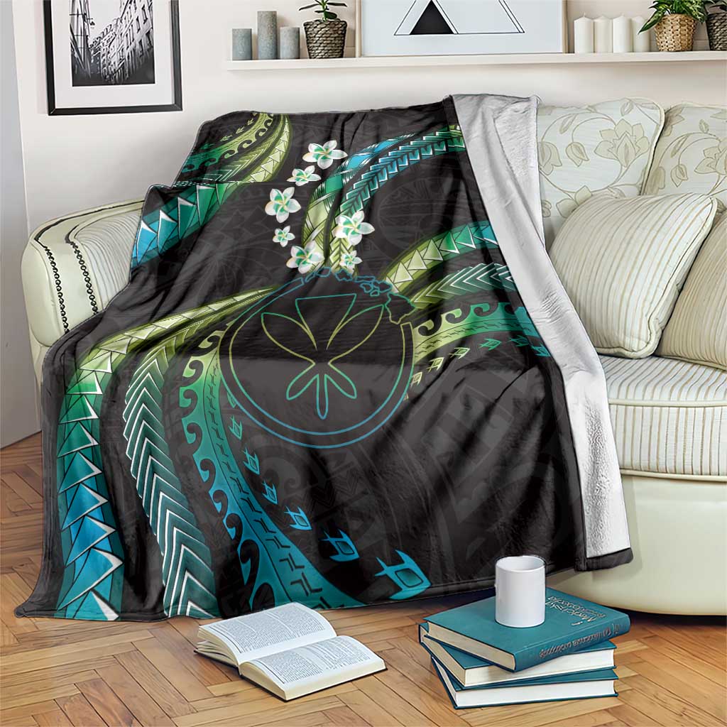 Hawaii Map Kanaka Maoli Blanket Fantastic Frangipani Chartreuse Cyan LT01 Cyan - Polynesian Pride