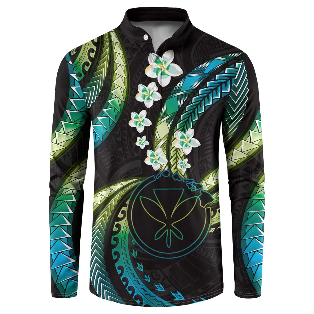 Hawaii Map Kanaka Maoli Button Sweatshirt Fantastic Frangipani Chartreuse Cyan LT01 Cyan - Polynesian Pride