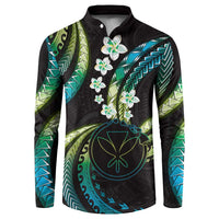 Hawaii Map Kanaka Maoli Button Sweatshirt Fantastic Frangipani Chartreuse Cyan LT01 Cyan - Polynesian Pride