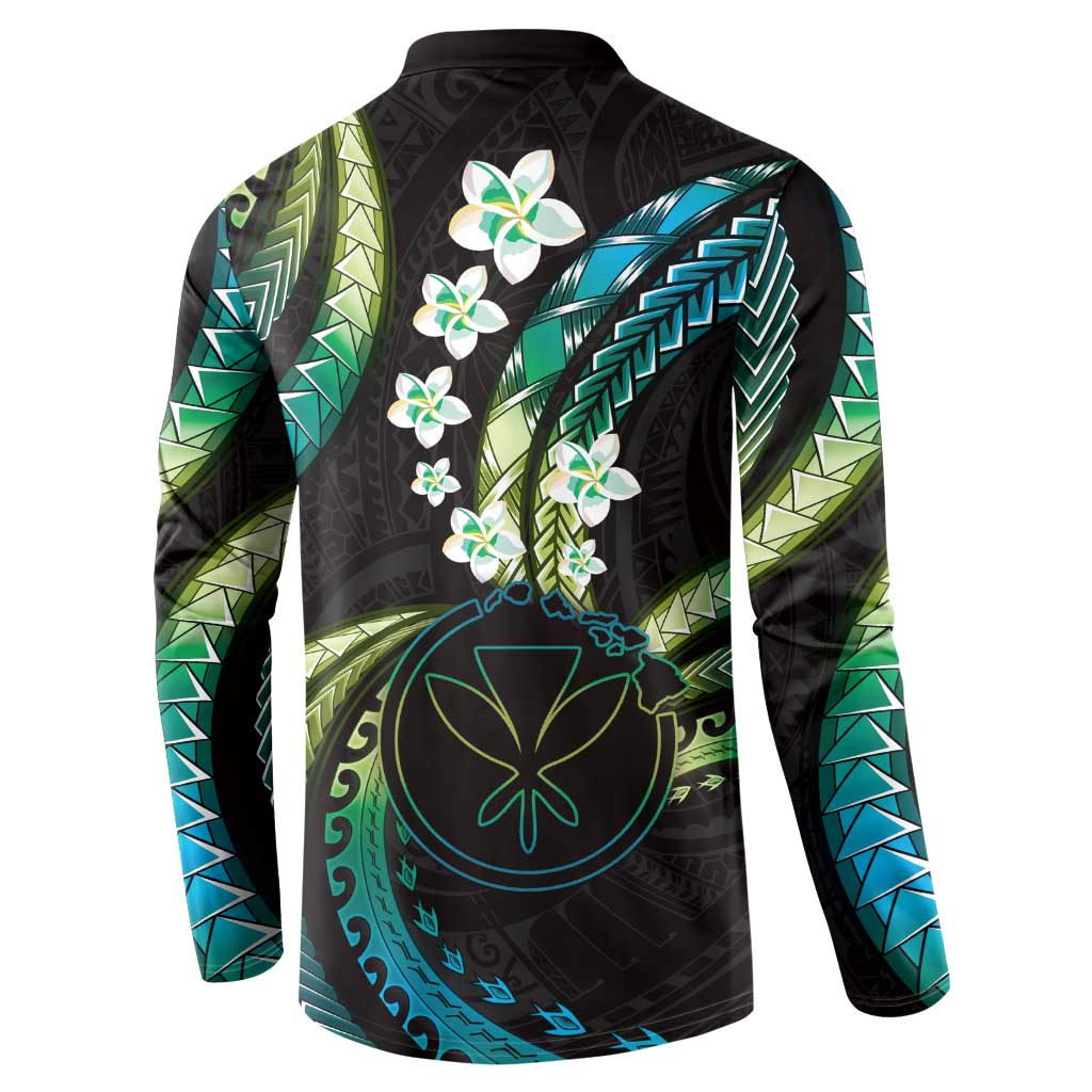 Hawaii Map Kanaka Maoli Button Sweatshirt Fantastic Frangipani Chartreuse Cyan LT01 - Polynesian Pride