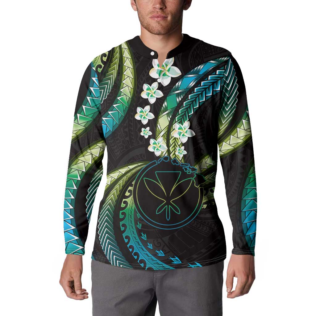 Hawaii Map Kanaka Maoli Button Sweatshirt Fantastic Frangipani Chartreuse Cyan LT01 - Polynesian Pride