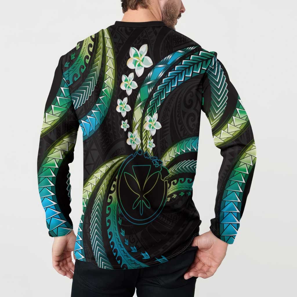 Hawaii Map Kanaka Maoli Button Sweatshirt Fantastic Frangipani Chartreuse Cyan LT01 - Polynesian Pride