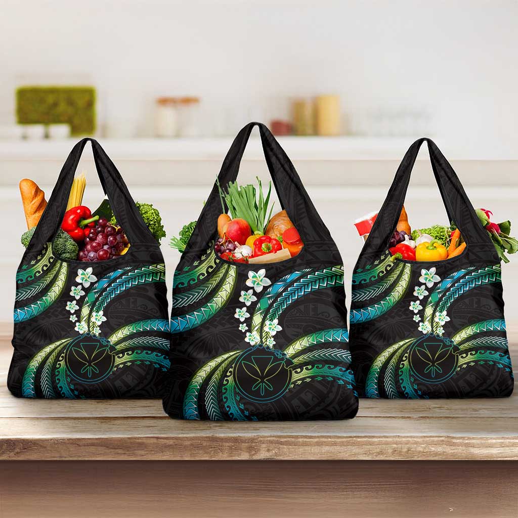 Hawaii Map Kanaka Maoli Grocery Bag Fantastic Frangipani Chartreuse Cyan LT01 3-pack One Size Cyan - Polynesian Pride