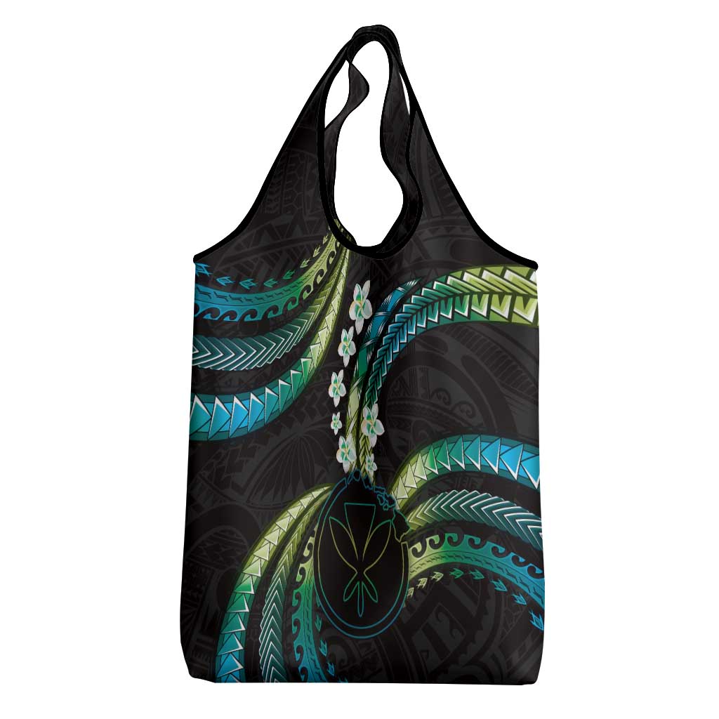 Hawaii Map Kanaka Maoli Grocery Bag Fantastic Frangipani Chartreuse Cyan LT01 - Polynesian Pride