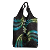 Hawaii Map Kanaka Maoli Grocery Bag Fantastic Frangipani Chartreuse Cyan LT01 - Polynesian Pride