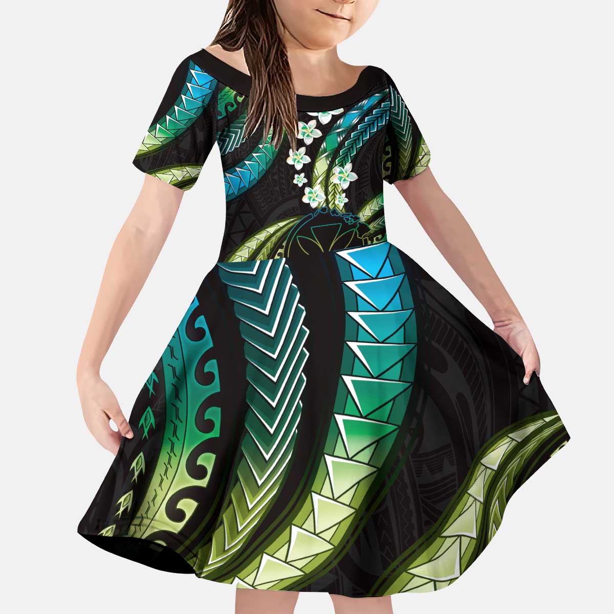Hawaii Map Kanaka Maoli Kid Short Sleeve Dress Fantastic Frangipani Chartreuse Cyan LT01 KID Cyan - Polynesian Pride