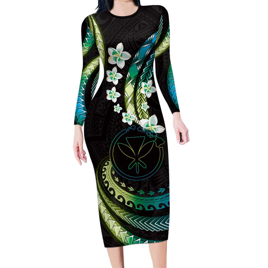 Hawaii Map Kanaka Maoli Long Sleeve Bodycon Dress Fantastic Frangipani Chartreuse Cyan LT01 Long Dress Cyan - Polynesian Pride